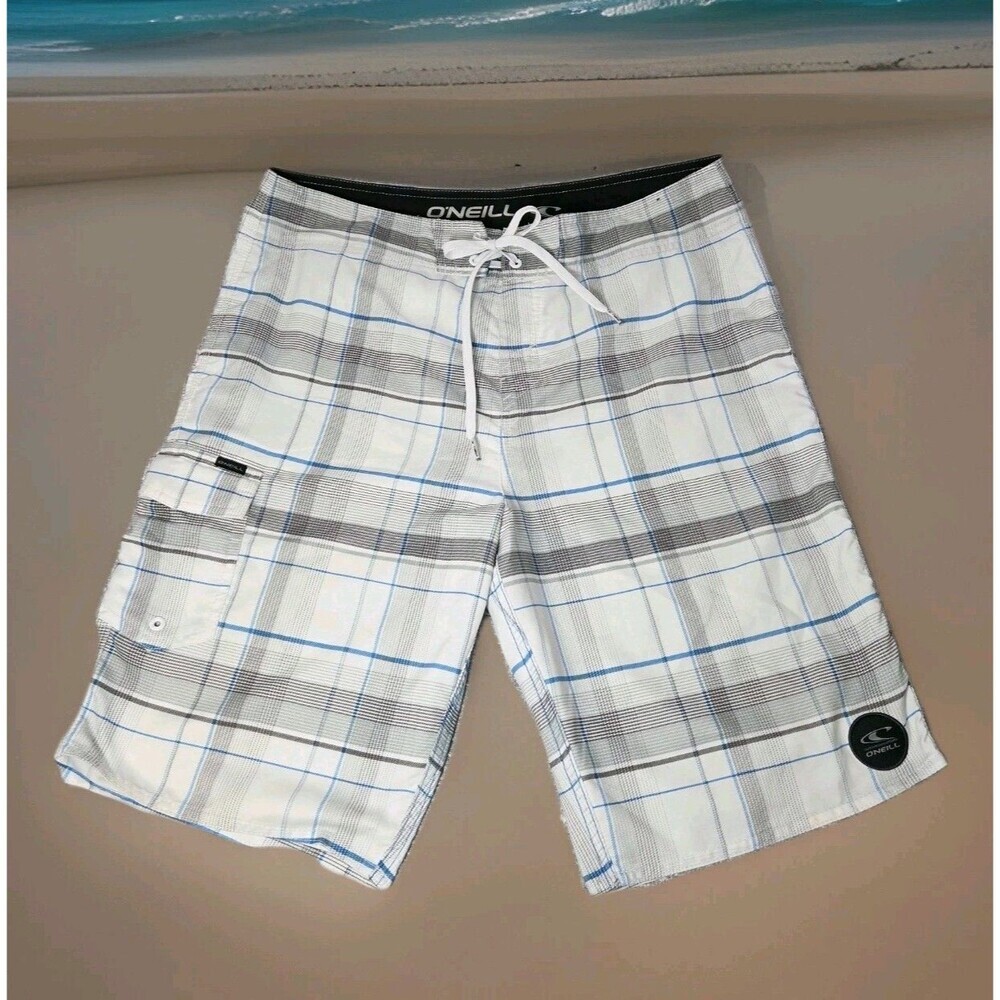 O'Neill Board Shorts Men's 34 White/Blue Plaid 11" Inseam
